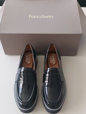 Franco Sarto  Black Patent Leather Penny Loafers with Contrast Stitching